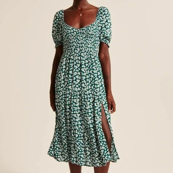 Abercrombie & Fitch Short Sleeve Smocked Midi Dress - L Green Print - Picture 2 of 4